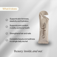 Single supplement sachet beside beauty and wellness benefits.