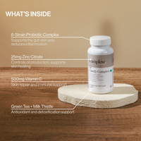 Clarify Complex supplement bottle on a pedestal with ingredients