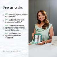 Clinical trial results graphic beside woman holding product