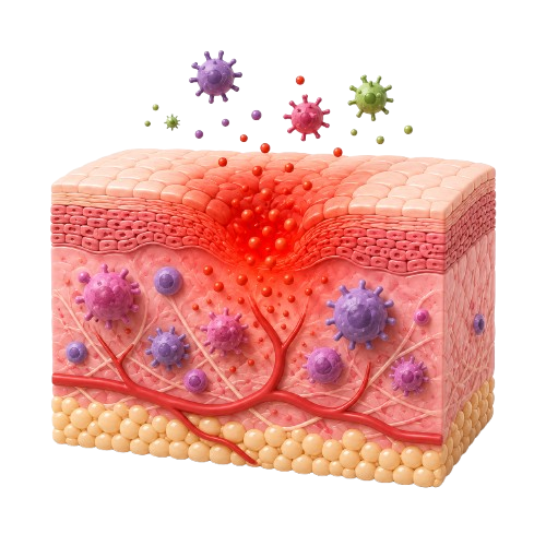 3D diagram of skin cross-section showing inflammation and microbes.